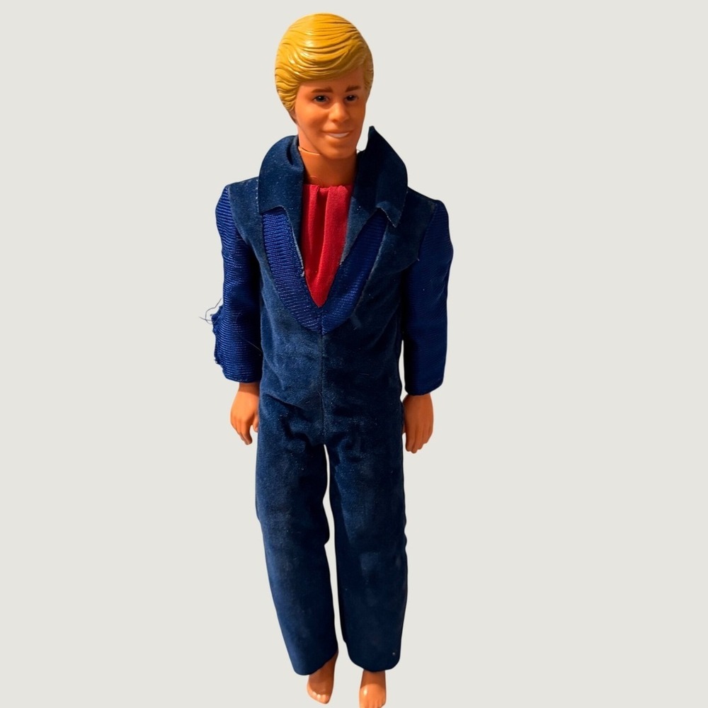 Vintage 1977 Superstar Ken Mattel Blue Velour Jumpsuit Red Collar Complete